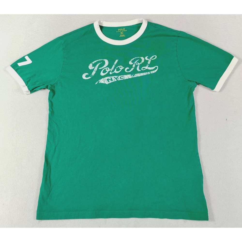 Polo Ralph Lauren Shirt Mens XL Green Ringer Tee Polo RL NYC Graphic Cotton 67